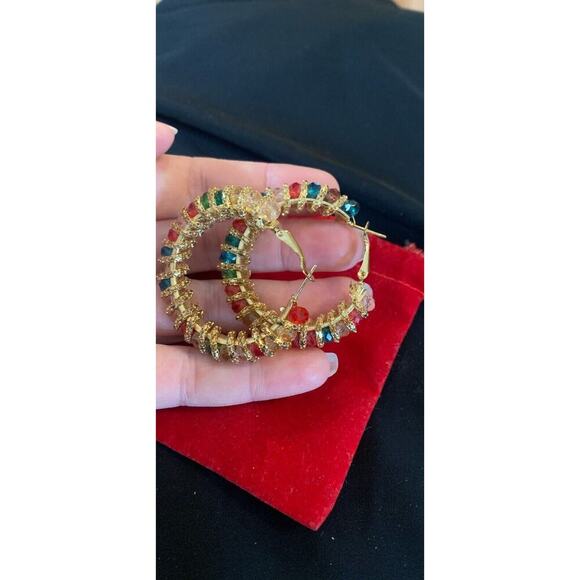 Pair Of Gold Tone And Colorful Rhinestones Statement Earrings - Picture 5 of 7